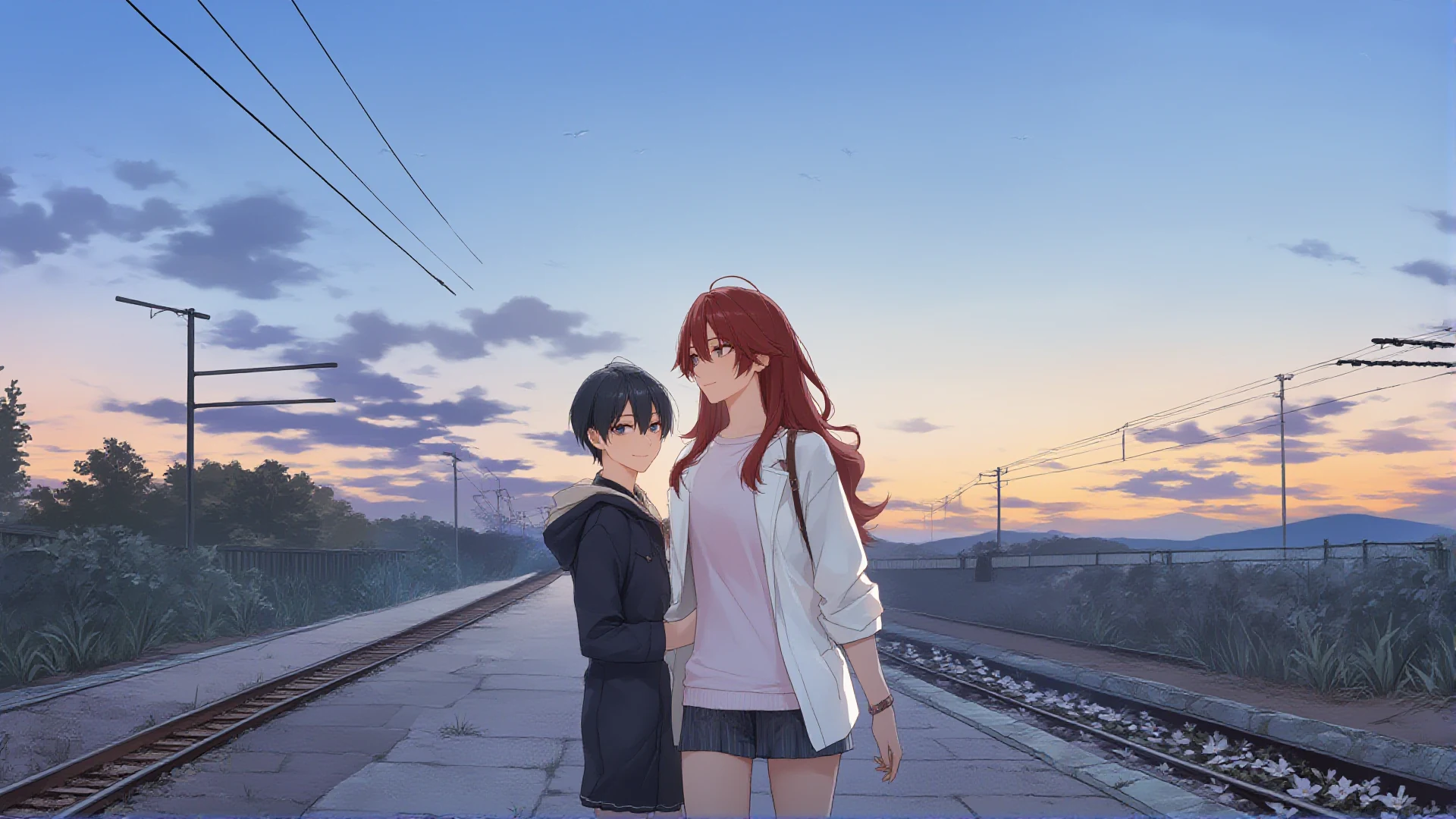 Two characters saying goodbye on a railway platform at dusk under power lines