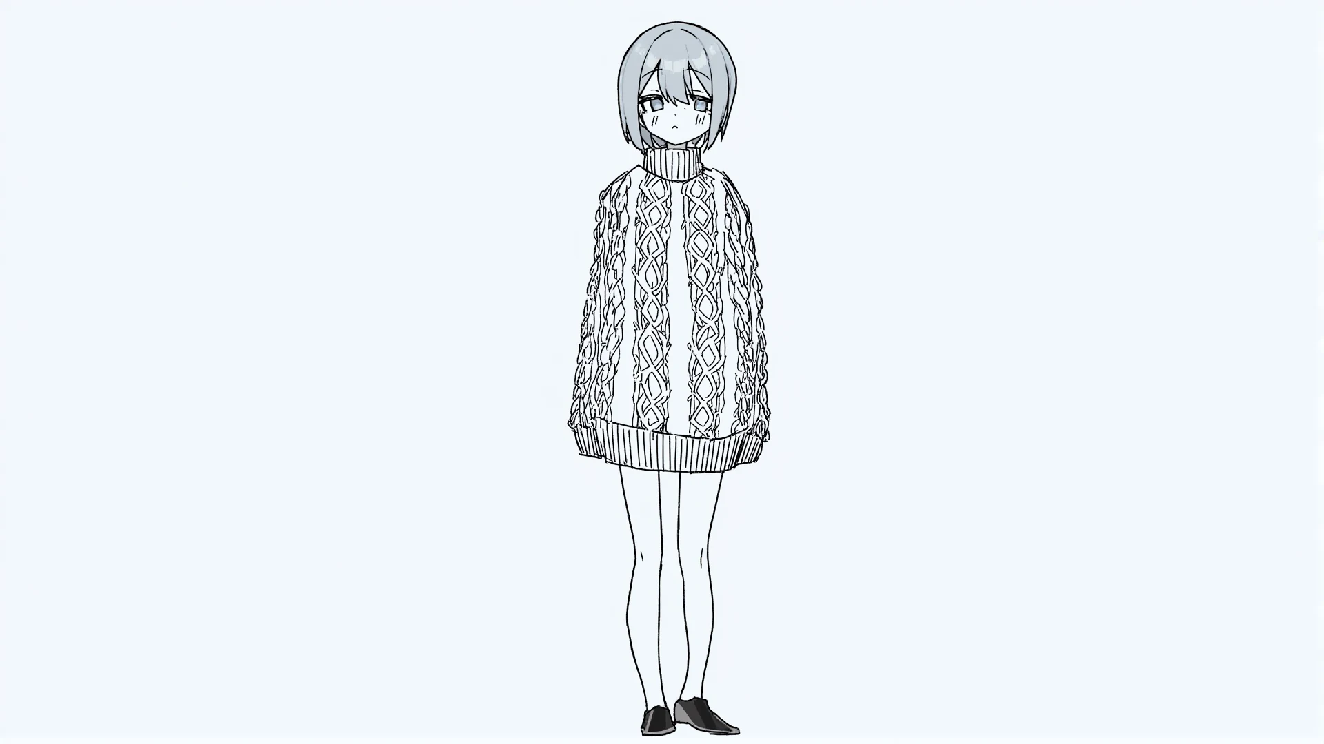 A character concept of a girl in an oversized cable-knit sweater on a plain background