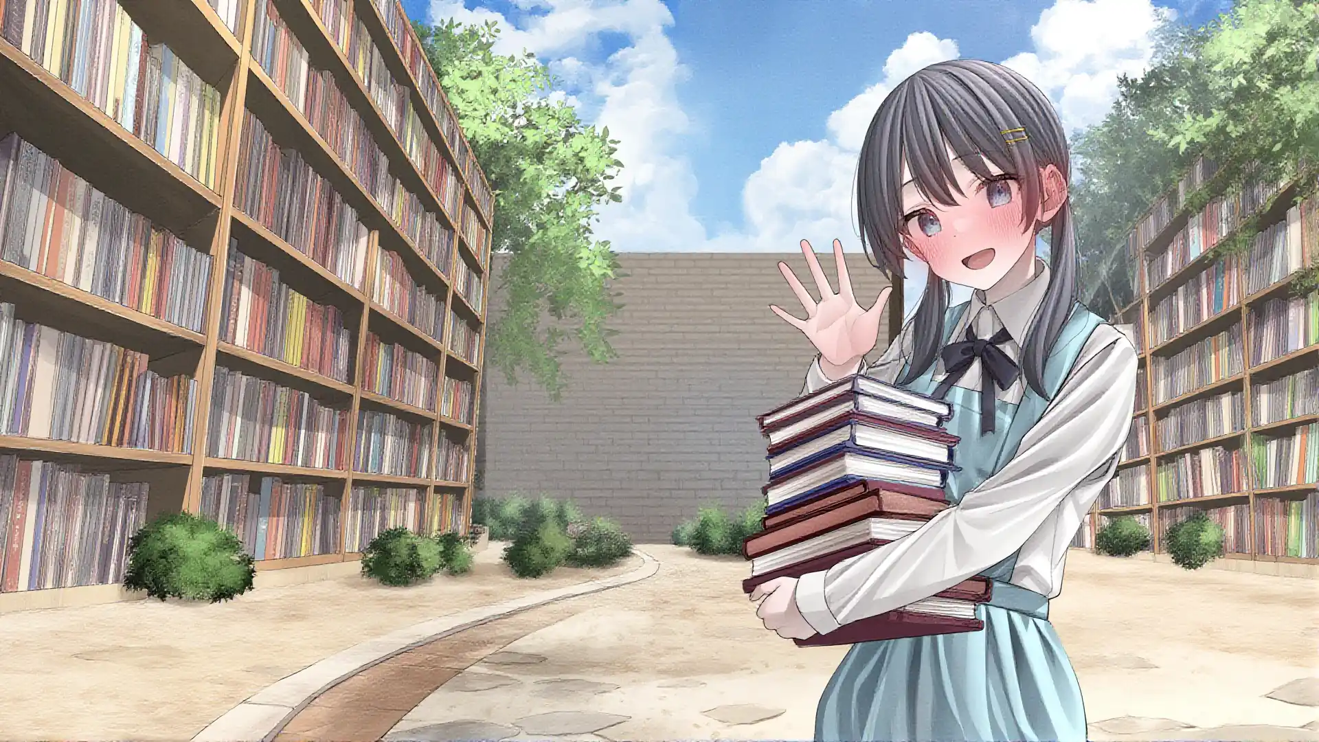 A cheerful student waving while carrying a stack of books outside a library
