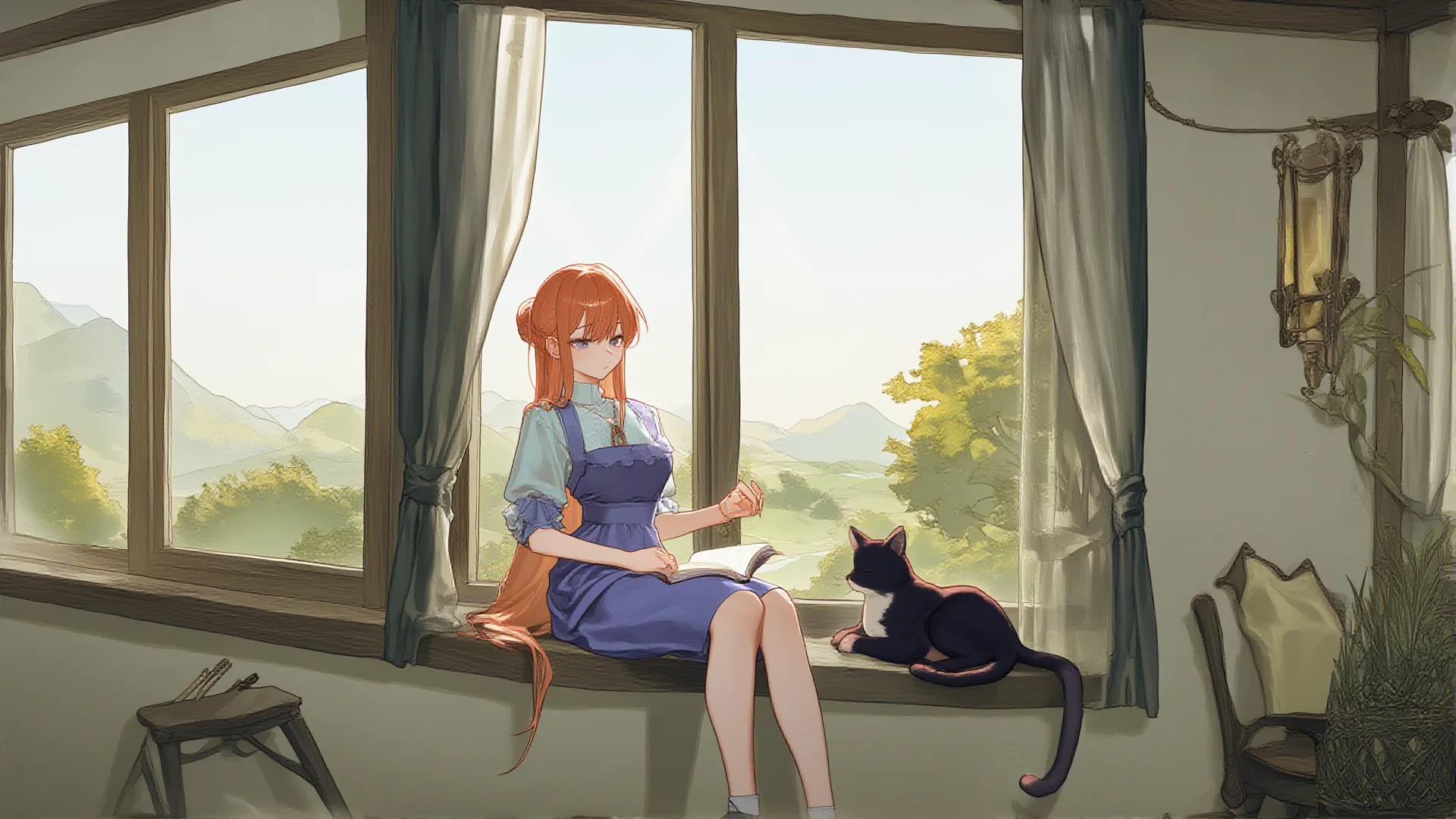 A girl reading on a sunlit windowsill with a black and white cat asleep beside her