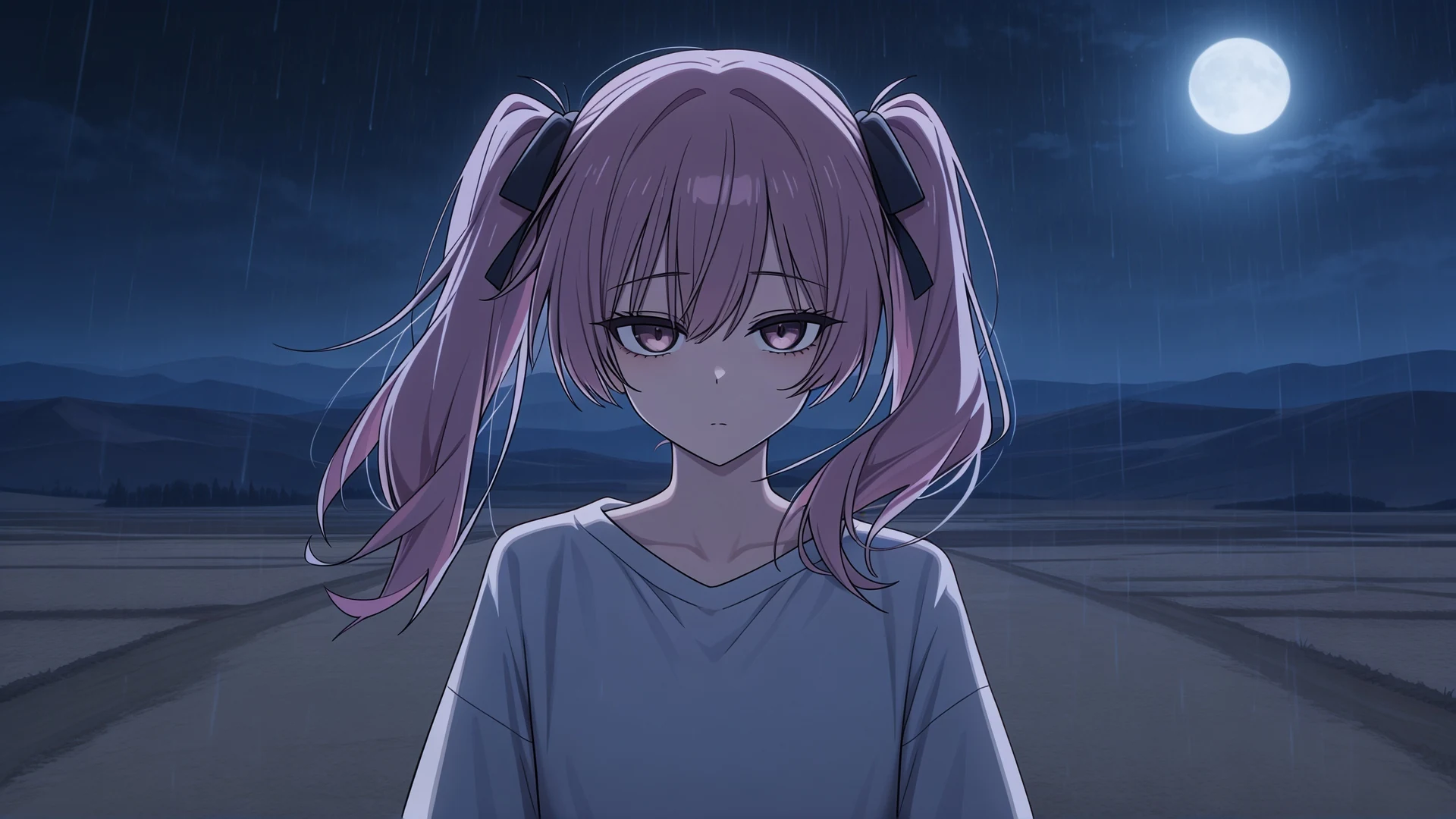 The same anime character redrawn under a cool moonlit sky with rain, keeping her design and pose