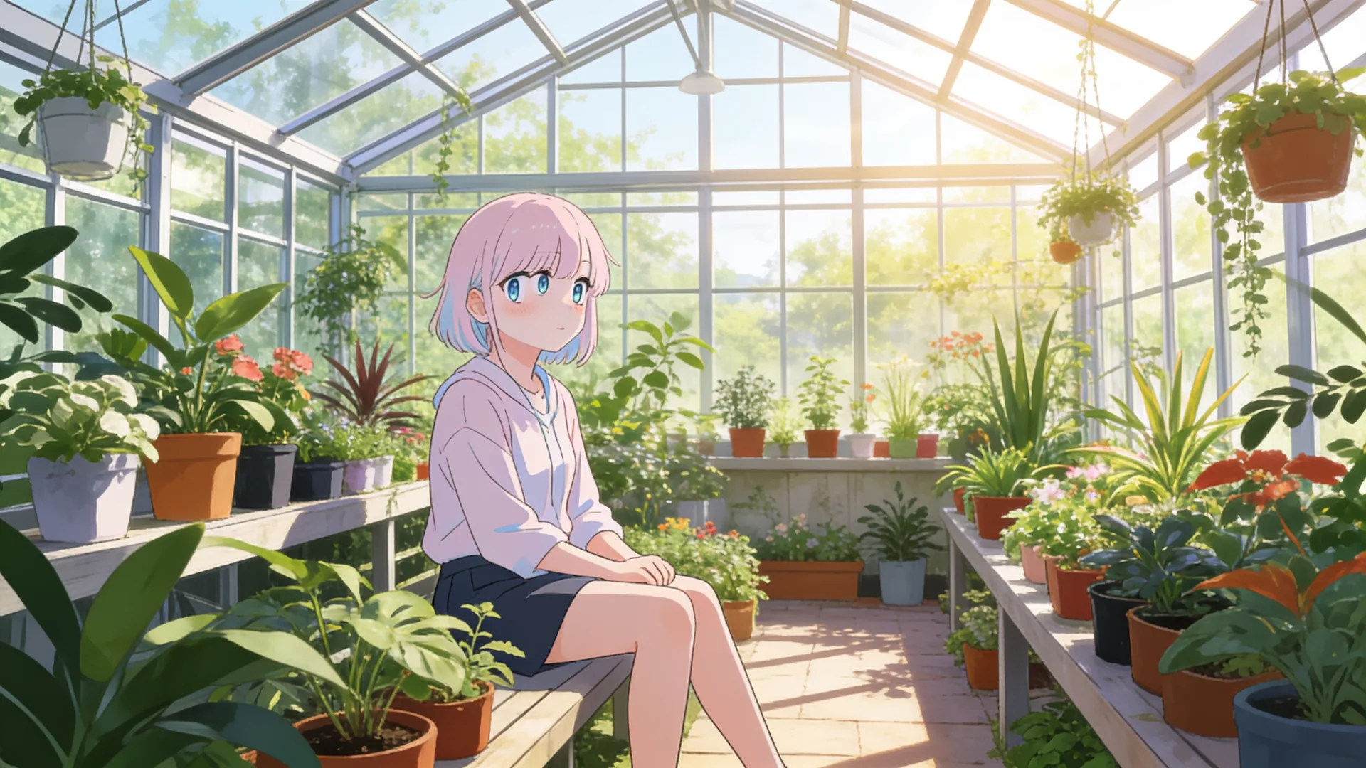 An anime girl sitting in a sunlit greenhouse full of potted plants, generated from a portrait reference