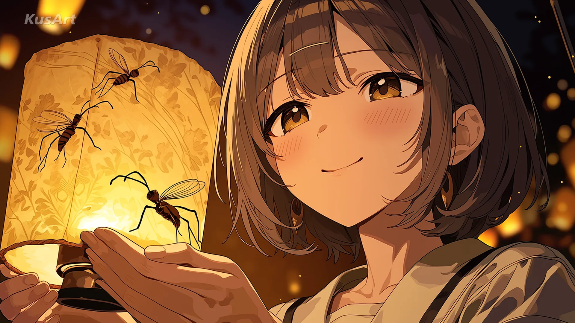 An anime girl holding a glowing paper lantern at night, warm light on her face