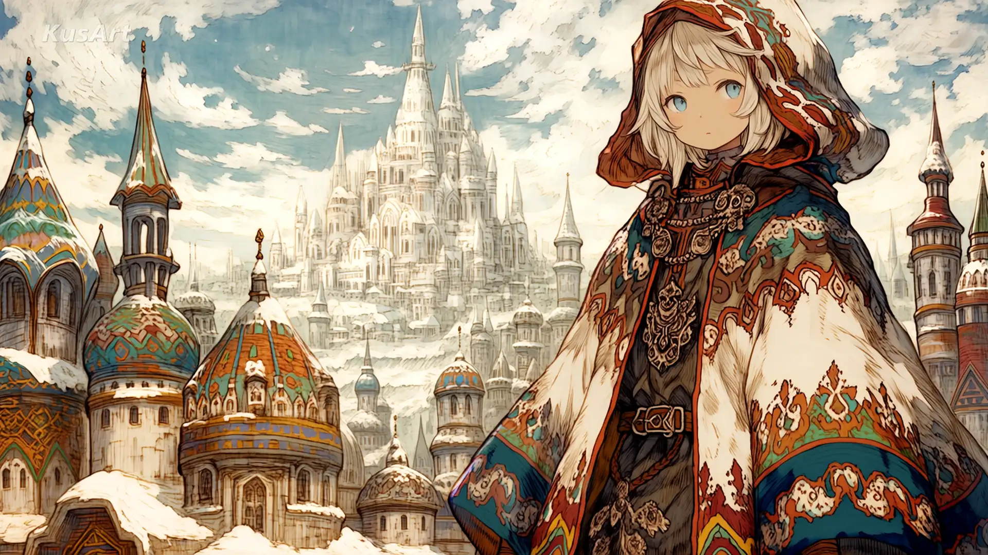 An anime traveler in an ornately patterned hooded cloak before a snow-covered fantasy city of domes and spires