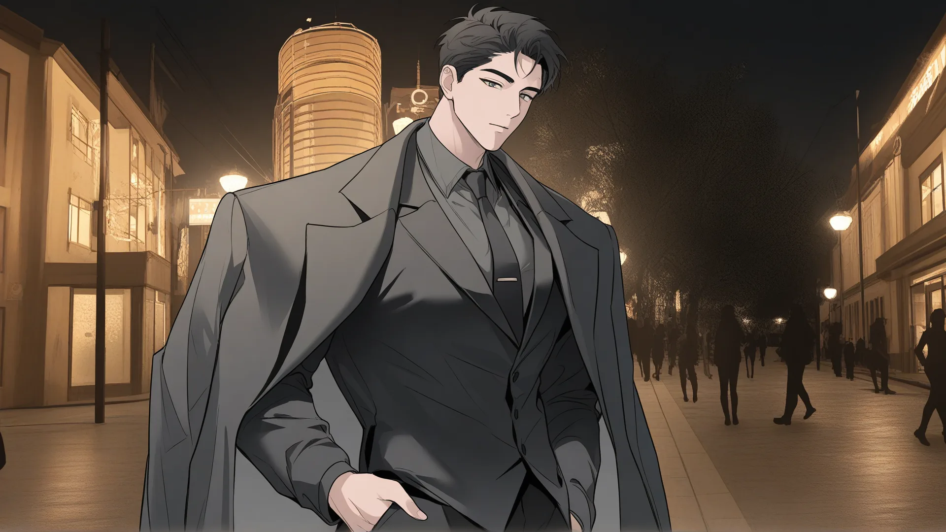 A sharply designed anime character in a tailored grey suit and coat on a night city street