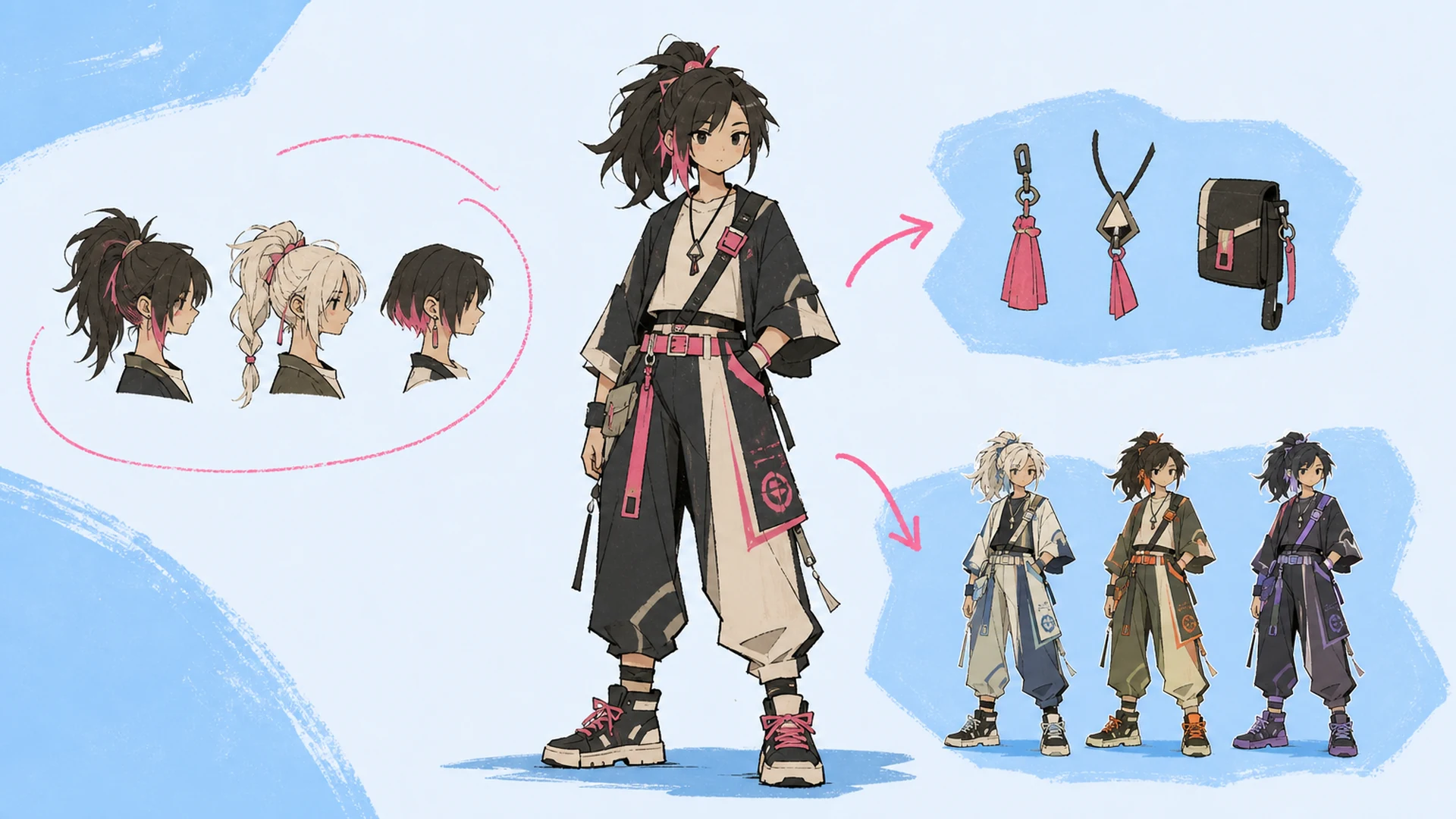 A full-body anime character with circled hairstyle options, accessory cutouts, and three outfit colourways arranged around her